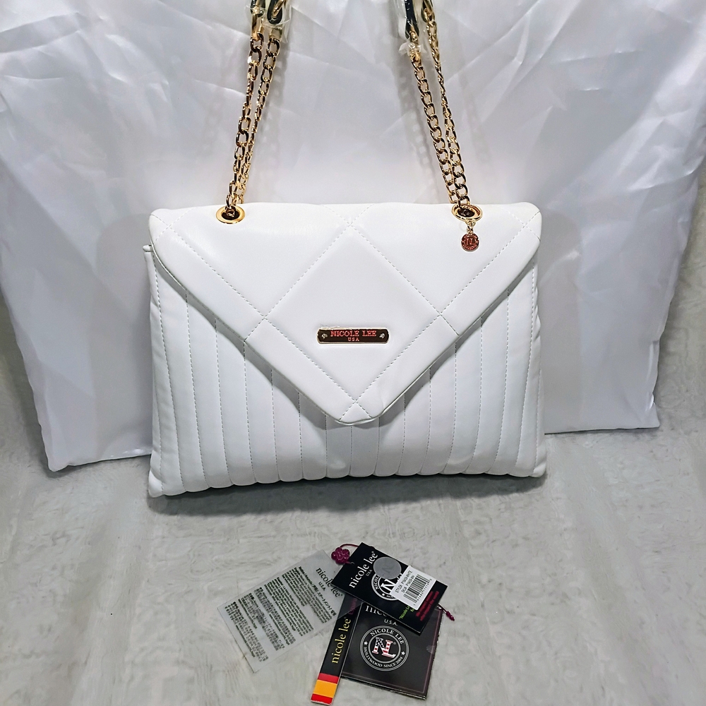 Nicole Lee White Quilted Envelope Shoulder Bag with Gold Accents, NWT